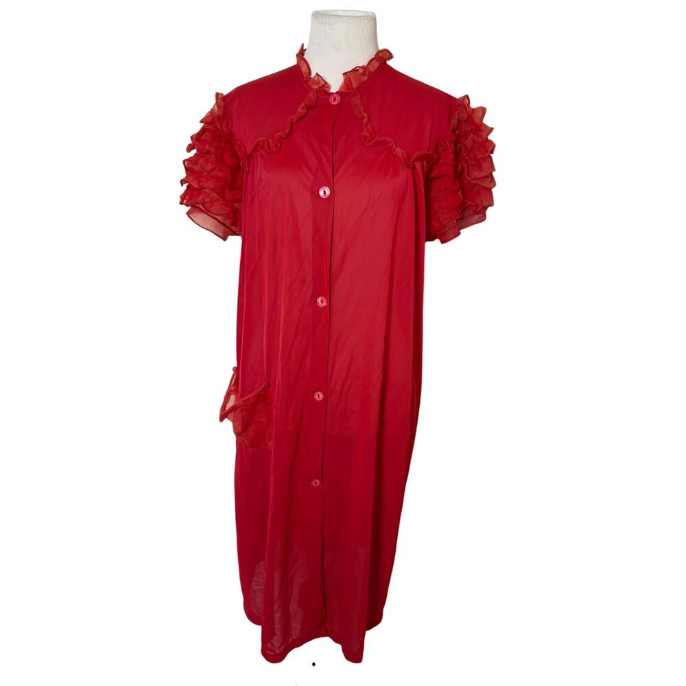 Vintage Miss Elaine Sheer Cherry Red Nylon Ruffle Sleeve Button Front Nightgown